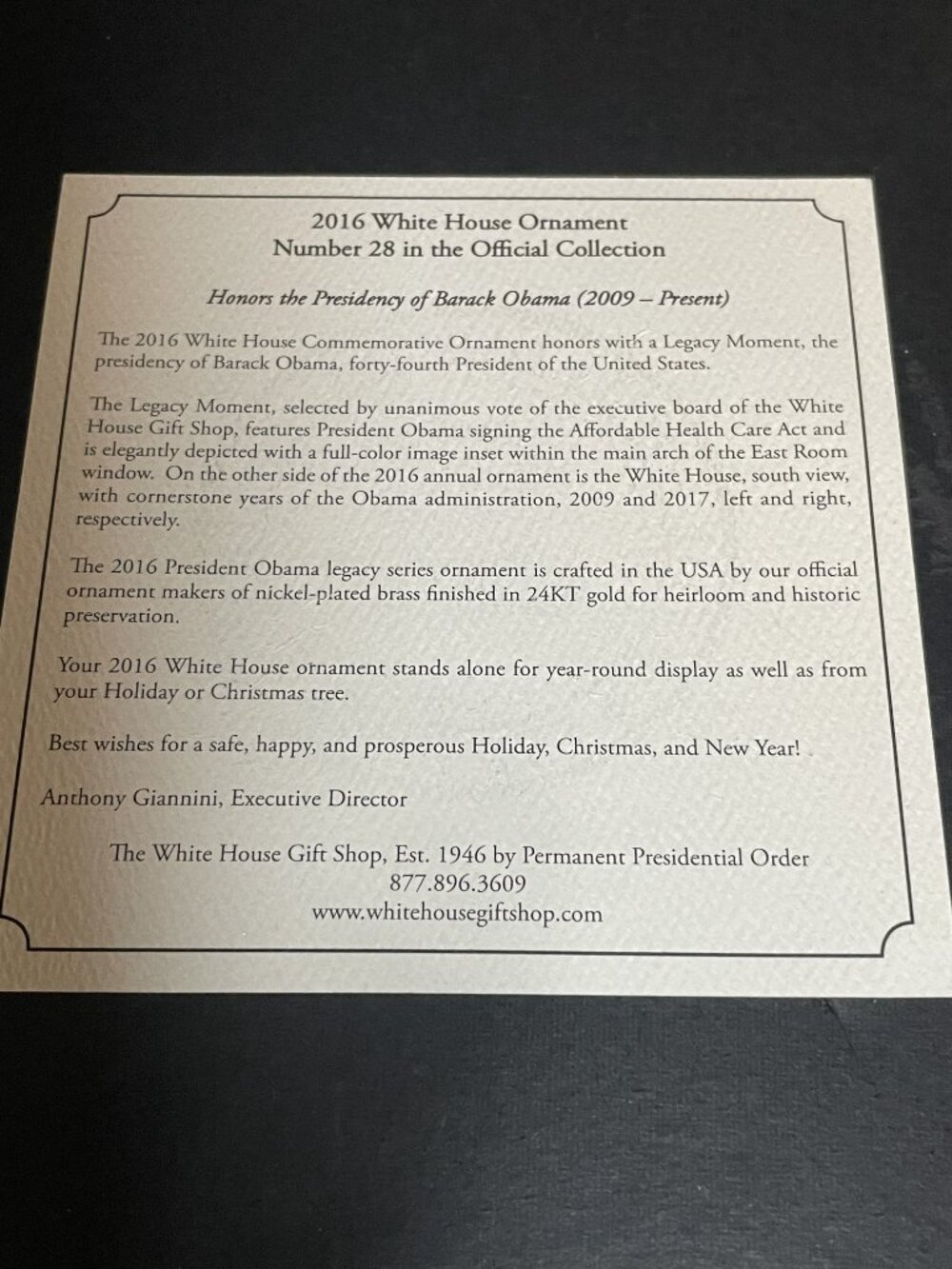 White House Historical Association Ornament - 2016 - Barack Obama (24K Plated) - Picture 2 of 4